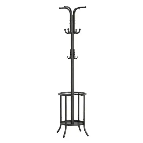 Porte-manteau sur pied avec porte-parapluie en métal noir, avec crochets pour manteaux et espace pour parapluies.